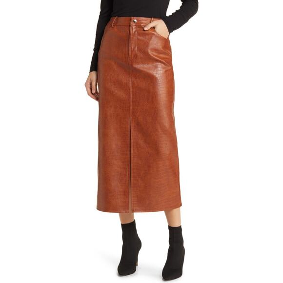 New WAYF Roberta Croc Embossed Midi Skirt in Brown Faux Leather Size S - Picture 1 of 12